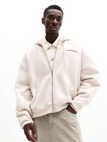 SUMWON 常规款男士全拉链连帽衫，带中央口袋，休闲街头风卫衣，适合秋冬季叠穿，纯色 - 杏色 - 查看 1