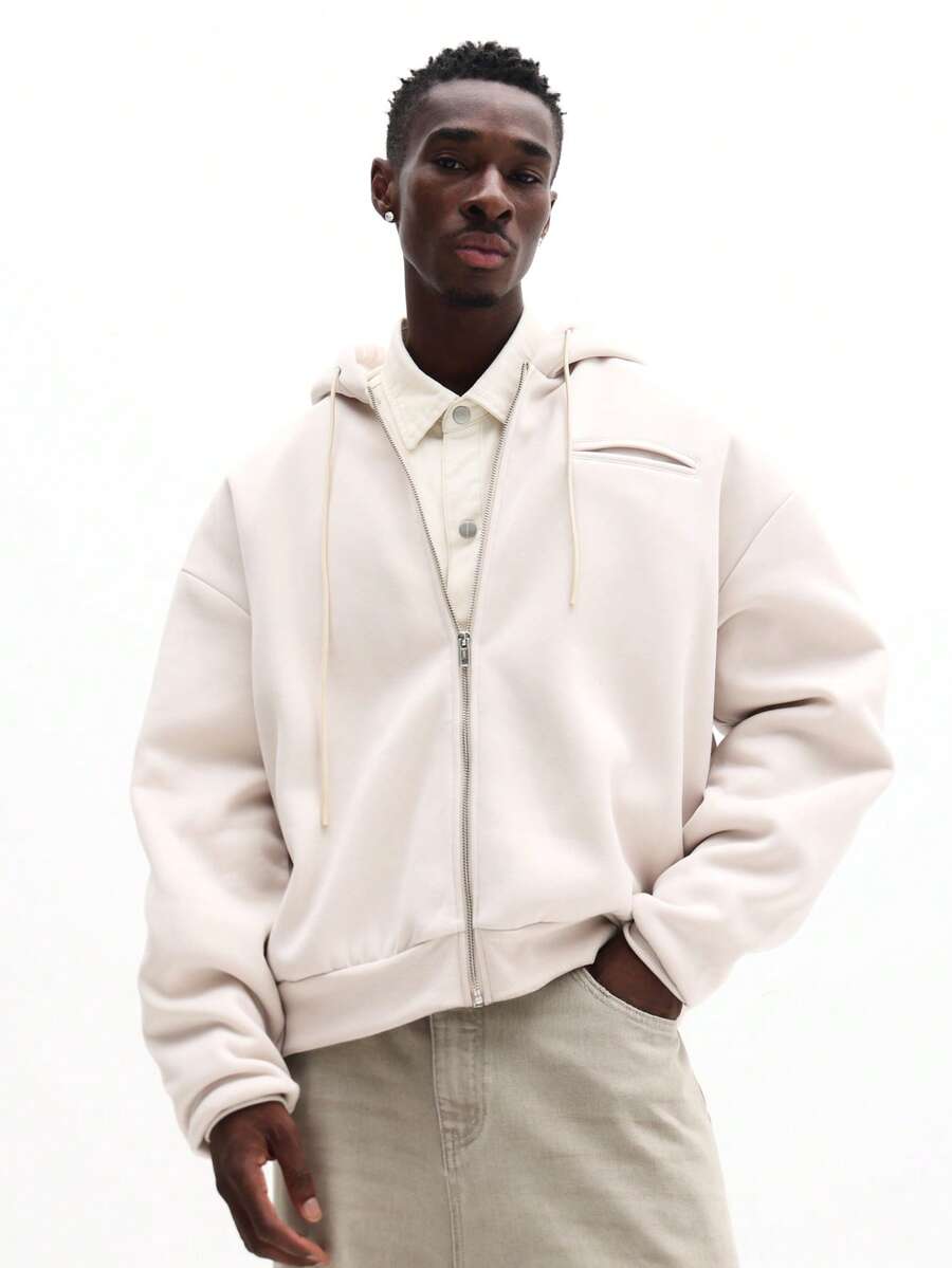 SUMWON 常规款男士全拉链连帽衫，带中央口袋，休闲街头风卫衣，适合秋冬季叠穿，纯色 - 杏色 - 查看 1