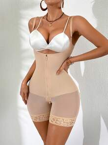 SHEIN 1pc Women's Mid-Thigh Bodysuit With Shoulder Straps - Apricot - View 4