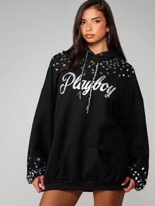 Missguided x Playboy Oversized Hooded Mini Dress With Encrusted Detailing Bunny Logo Print Drawstring Hood - Black - View 1