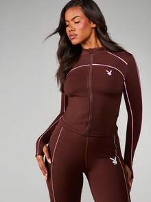 Missguided x Playboy Fitted Zip Front Jacket With Contrast Piping Detail Long Sleeve Lightweight Outerwear - Coffee Brown - View 5