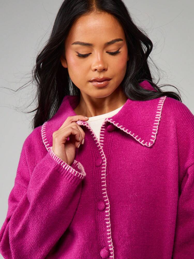 MISSGUIDED Women's Button Up Cardigan With Whipstitch Detailing Knit Sweater For Casual Layering Christmas