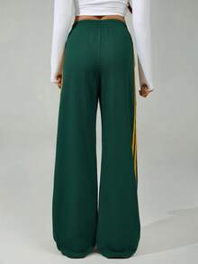 SHEIN Tall 女式松紧腰侧条纹阔腿宽松休闲运动裤，返校季 - 綠色 - 查看 3