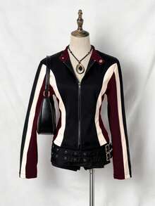 EgrlEra 女士撞色街头摩托车PU皮夹克 - 彩色 - 查看 1
