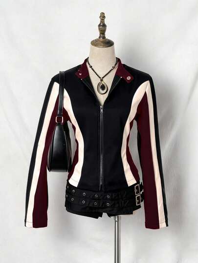 EgrlEra Women Colorblock Street Motorcycle PU Leather Jacket