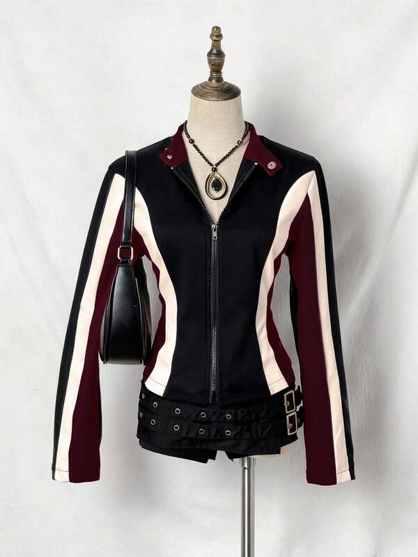 EgrlEra Women Colorblock Street Motorcycle PU Leather Jacket