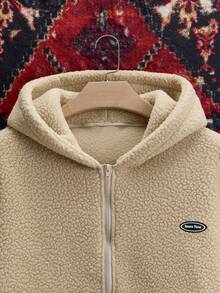 SWAVVY 男士拉链连帽卫衣，休闲标准尺码，秋冬季卡其色双面羊羔绒长袖上衣 - 卡其色 - 查看 3