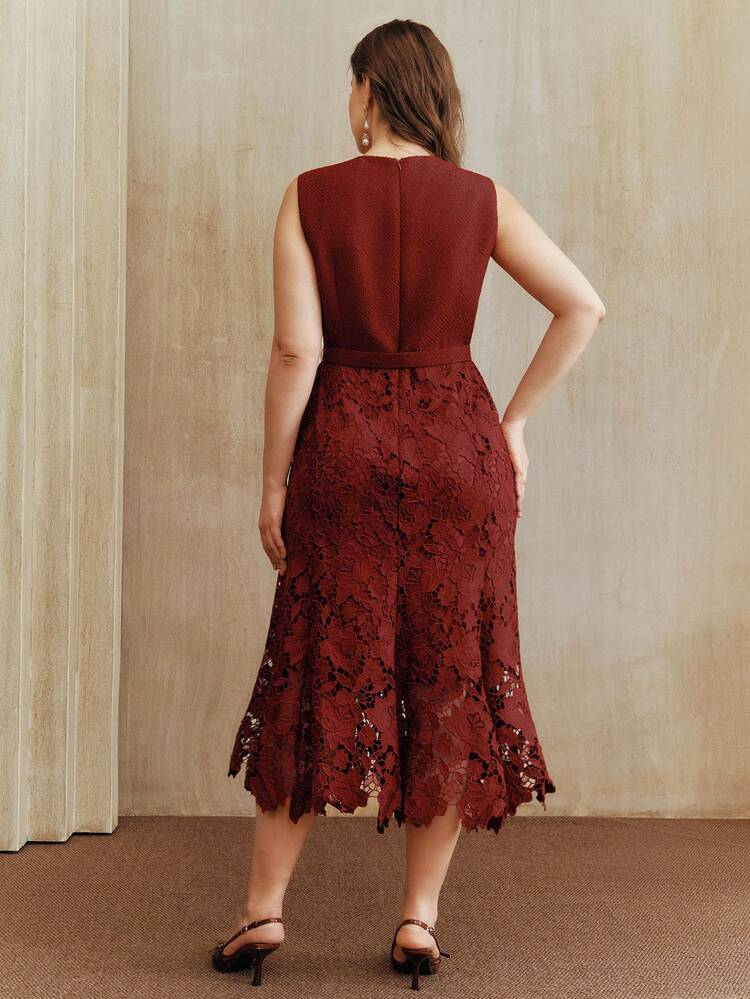 Valentine Plus Size Women's Elegant Sleeveless High Waist Lace Patchwork Hollow Out Midi Dress, Burgundy, Christmas