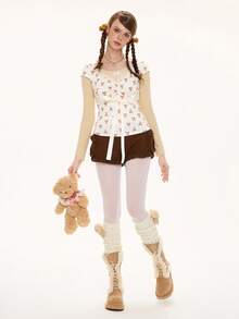 ROMWE Kawaii Women's Summer Fashion Bear Print Chest Ruched Contrast Lace T-Shirt - Apricot - View 4