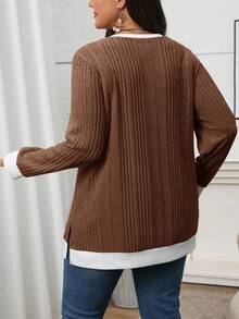 EMERY ROSE Große Größen Kontrast Farbe 2 in 1 Rundhals Dropped Shoulder Langarm Spaltung Saum Lässiges Loose Sweatshirt