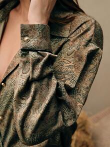 Anewsta Elegant Casual Leopard & Paisley Print Long Sleeve Shirt Spring For Women - Army Green - View 2