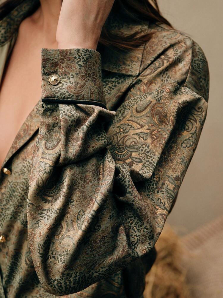 Anewsta Elegant Casual Leopard & Paisley Print Long Sleeve Shirt Spring For Women