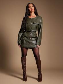 Radiana 女士新款春秋季PU皮革纽扣装饰修身迷你裙，时尚休闲别致修身半身裙 - 軍綠色 - 查看 6