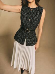 Poéselle Women's Plaid Pattern Sleeveless Button-Up Buckle Belted Vest And Pleated Skirt Suit Set, Office/Commute, Elegant Women's Set,Black Tweed Fabric With Gold Thread Accents, Super-Value Three-Piece Outfit,Luxurious And Elegant,Christmas Party,Luxury Evening Dresses,New Year Outfit ,Suitable For Daily Wear, Party,Going Out, Commuting,Fall/Winter