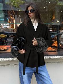 Aloruh Trendig svart överrock med fuzzy cuff, höst/vinter - Svart - Visa 3