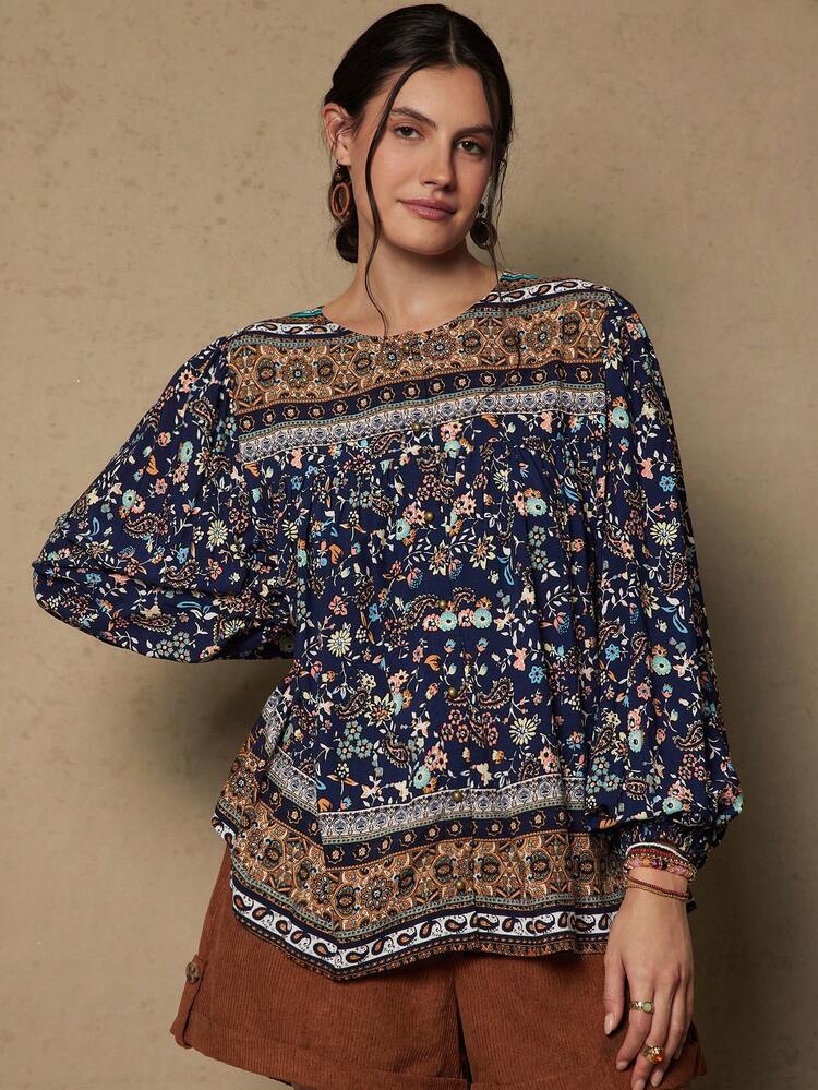SHEIN VCAY Blusa holgada con estampado bohemio vintage de talla grande, camisa con estampado floral de otoño - Azul Marino - Añade 3