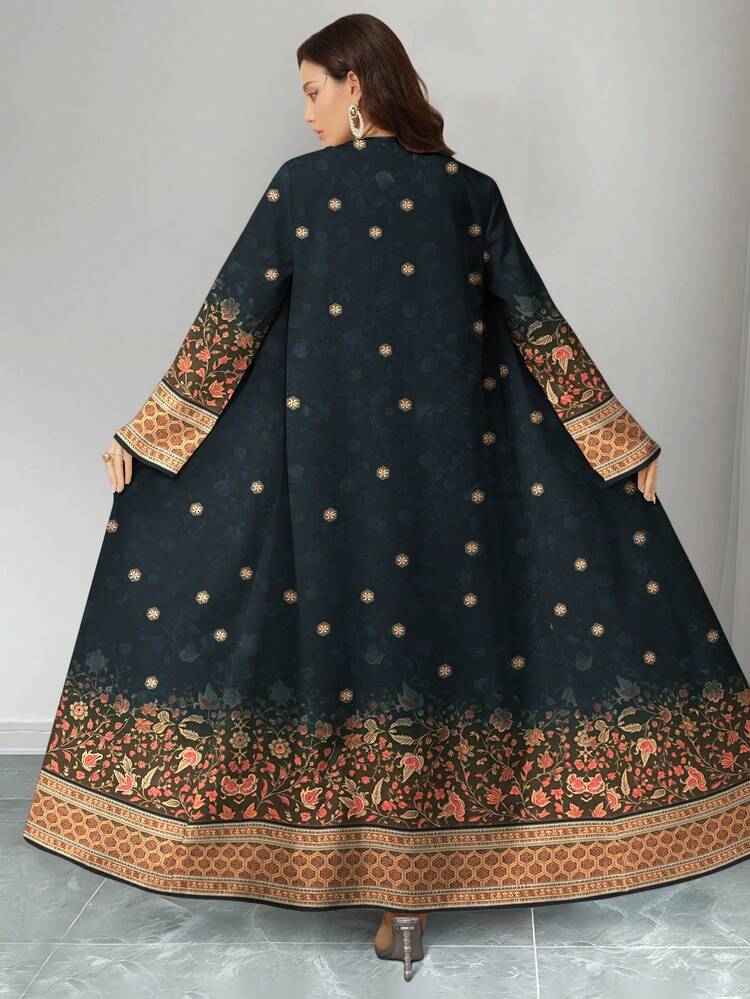 SHEIN Najma Women's Retro Floral & Plant Print Long Sleeve Casual Arabic Style Outfit Set, Spring/Autumn - Multicolor - View 2