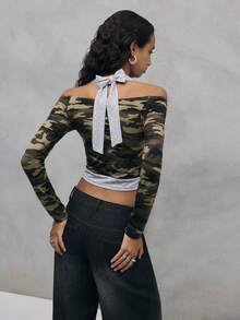 TypaGal Femmes Décontracté Mode Rue Punk Halloween Crâne Lettre Strass Camouflage Imprimer 2 En 1 T-Shirt Court, Printemps/Automne