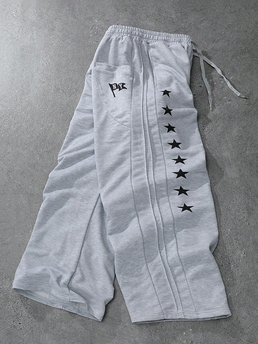 Manfinity Roghcode Men's Fashionable Loose Fit Wide Leg Sweatpants,Star Print Knit Sports Pants,Elastic Waist,Dark Grey,Summer,Streetwear,Gym,Light Grey,Back To School - Light Grey - View 1