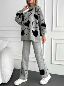 EURMUSE Women's Casual Heart Pattern Knitted Sweater And Pants 2 Pieces Set, Autumn/Winter - Grey - View 5