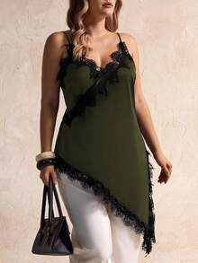 Elegantrix 大码女式都市休闲蕾丝不对称下摆 V 领拼接纯色吊带背心 - 軍綠色 - 查看 2