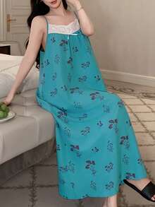 DAZY 女士花卉印花拼接饰边吊带睡裙 - 藍色 - 查看 5