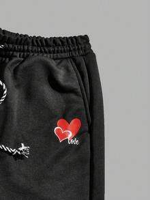 Manfinity VCAY 2pcs Men's Knitted Shorts With Letter & Heart Print - Black - View 10