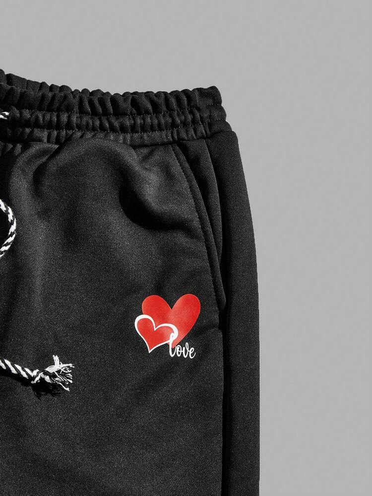 2pcs Men's Knitted Shorts With Letter & Heart Print