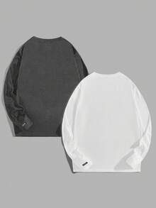 Manfinity VCAY 2 件男士简约纯色休闲 T 恤，适合秋季穿着 - 深灰色 - 查看 2