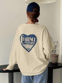 FRIFUL Women's Slogan & Heart Print Round Neck Dropped Shoulder Long Sleeve Casual Loose T-Shirt Graphic Tee - Apricot - View 7