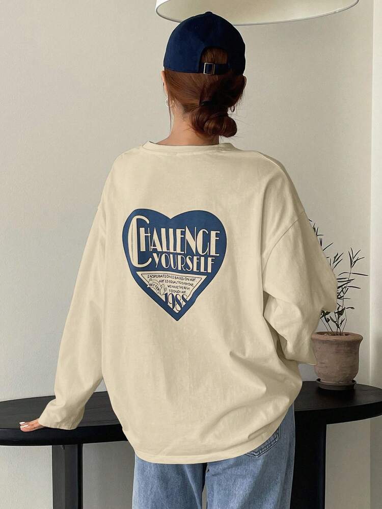 Women's Slogan & Heart Print Round Neck Dropped Shoulder Long Sleeve Casual Loose T-Shirt Graphic Tee