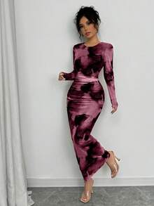 Elenzga 优雅渐变长袖修身女式连衣裙长裙套装 - 中紫紅色 - 查看 6
