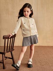 SHEIN Apricot Knitwear Cardigan With Embroidered Bow Details And Round Neck For Cute Style Warm And Soft For Autumn School Clothes Go Out, Party,Daily Wear Fall Winter - Apricot - View 5
