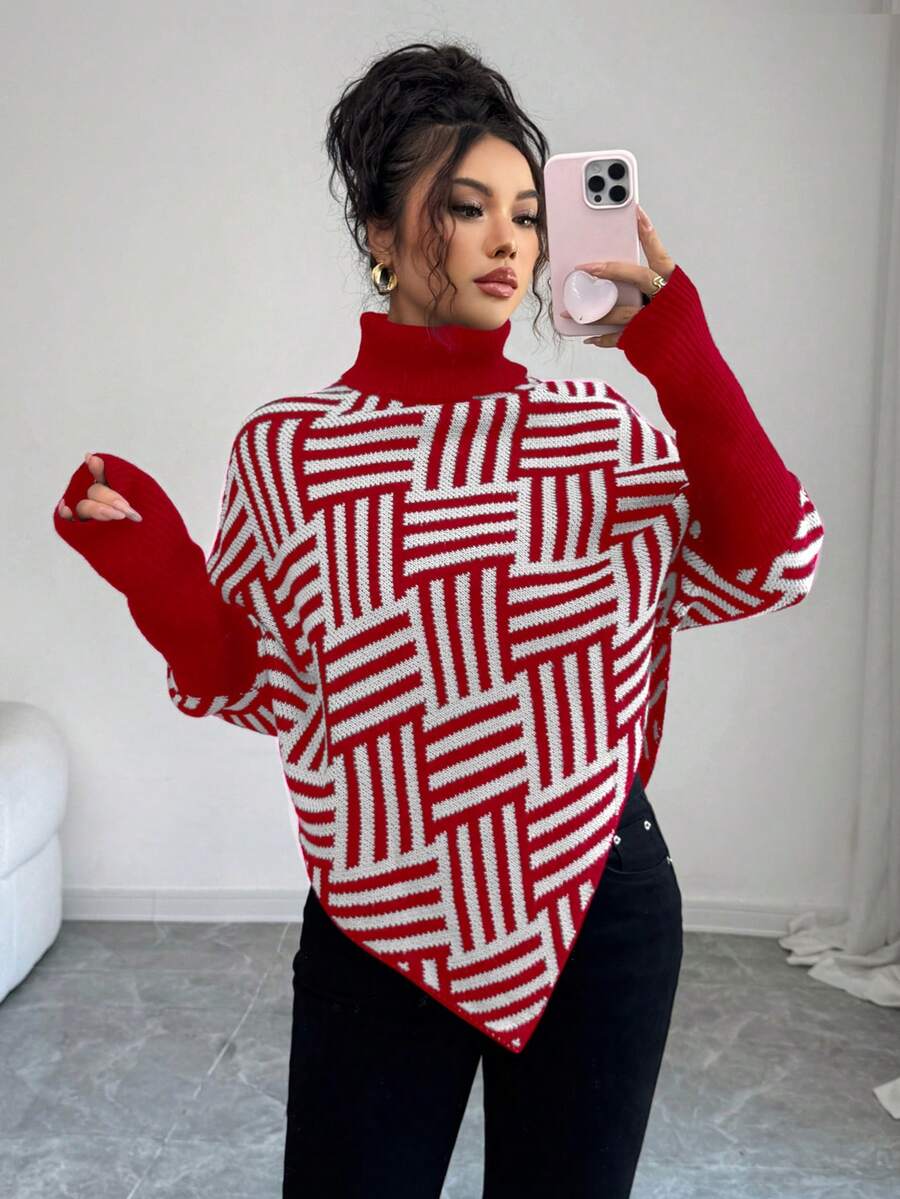 Elenzga Áo len Poncho cổ cao họa tiết hình học thanh lịch dành cho nữ, phối màu, thích hợp mặc ở nhà và đi du lịch, mùa xuân/thu - Đỏ - Xem 1
