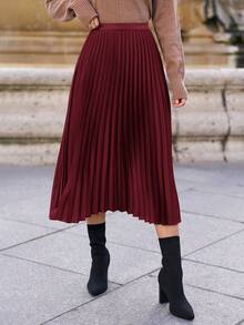 SHEIN Frenchy Jupe plissée élégante de couleur unie style A-line pour femmes, convient pour le trajet domicile-travail - Rouge foncé - Voir 4