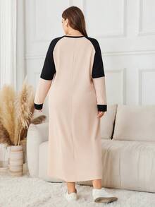 Lacomfia Váy len dệt kim tay raglan phối màu cho nữ, dáng rộng, cổ tròn, cỡ lớn, dài - Bụi hồng - Xem 2