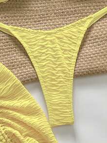 Swim Chiccia Set de costum de baie sexy cu 3 piese, top texturat fără bretele, slip triunghiular și fustă mini - Galben - Vizualizare 3