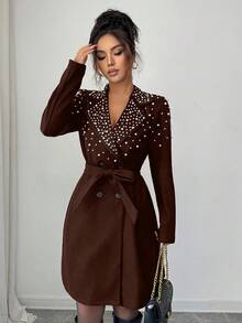 Elenzga Manteau pour femmes avec décoration de perles, croisé, design cintré à la taille, élégant pour le quotidien, les trajets, le style casual, la mode, le style de rue français, le vintage, les fêtes, les affaires, noir, manches longues, automne/hiver - Tabac - Voir 3