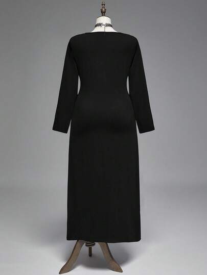 Goth Vestido largo negro de estilo gótico punk talla grande, vestido largo de talla grande para mujer en otoño/invierno, vestido con abertura lateral y remaches metálicos