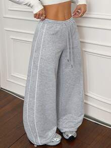 SHEIN PETITE Women's Fall/Winter Minimalist Basic Daily Wear Streetwear Casual Sportswear French Grey Baggy Low Rise Wide Leg Sweatpants - Grey - View 5