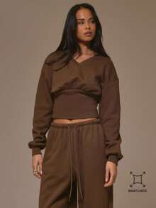 MUSERA V Neck Cinched Waist Long Sleeve Jumper Top Cool Girl, Streetstyle, Cute, , , Winter - Coffee Brown - View 1