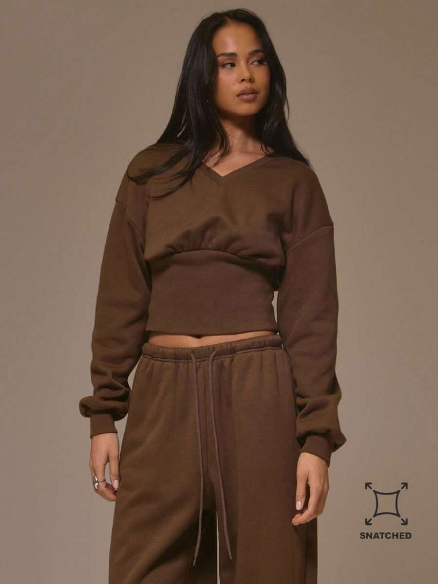MUSERA V Neck Cinched Waist Long Sleeve Jumper Top Cool Girl, Streetstyle, Cute, , , Winter - Coffee Brown - View 1