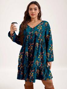 EMERY ROSE Vintage Green Floral Print Plus Size Dress New Year Party - Teal Blue - View 5