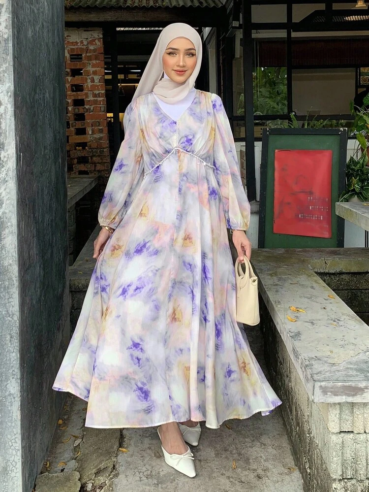Women's V-Neck Ombre Chiffon Mid-Length Dress, Allover Print, Summer Modest Fashion Boho