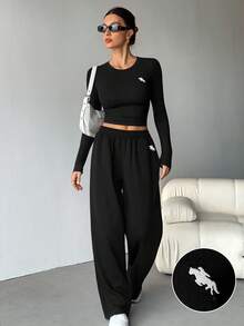 SHEIN Tall 2pcs Black Fitted Embroidered Knit Homewear Set For Women, Summer - Black - View 6