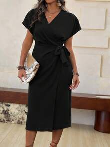 Roveilla 大码女式纯色重叠V领蝙蝠袖休闲夏季连衣裙长款女装