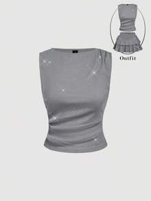 SHEIN MOD Women's Casual Fashionable Street Metallic Shiny Ruched Fitted Shimmer Gray Sleeveless Top,Birthday, Casual Top, Honeymoon,Graduation Top,Wedding Guest Top Women,Vacation,Flowy Top,Party Top,Christmas Party,New Year,Sparkly Top, Metallic Top,Thanksgiving,Y2K - Silver - View 1