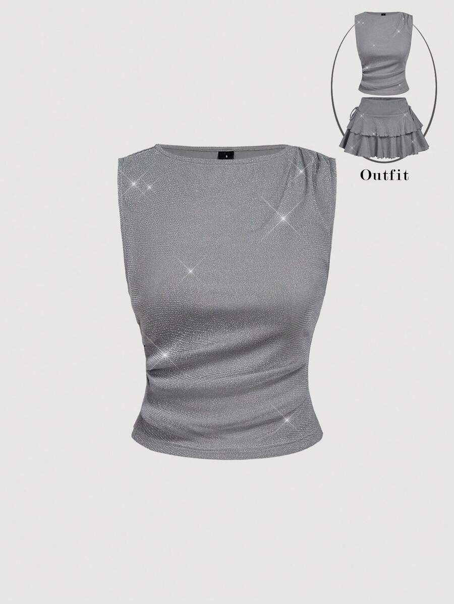 SHEIN MOD Women's Casual Fashionable Street Metallic Shiny Ruched Fitted Shimmer Gray Sleeveless Top,Birthday, Casual Top, Honeymoon,Graduation Top,Wedding Guest Top Women,Vacation,Flowy Top,Party Top,Christmas Party,New Year,Sparkly Top, Metallic Top,Thanksgiving,Y2K - Silver - View 1
