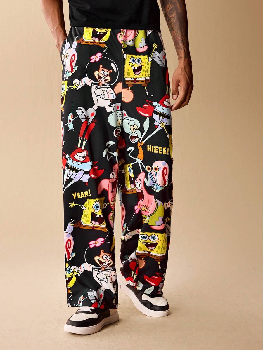SpongeBob SquarePants | SHEIN Men's Casual Cartoon Pattern Slant Pocket Sweatpants - Dark Grey - View 1