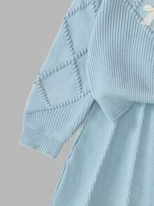 Sweetra Conjunto de 2 piezas de punto para niñas preadolescentes, suéter con decoración de moño 3D y falda plisada, conjunto de invierno lindo y elegante